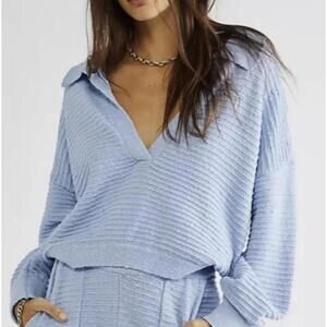 Free People Beach Fisherman Marlie Cropped Collared Blue Sweater - Size - Small